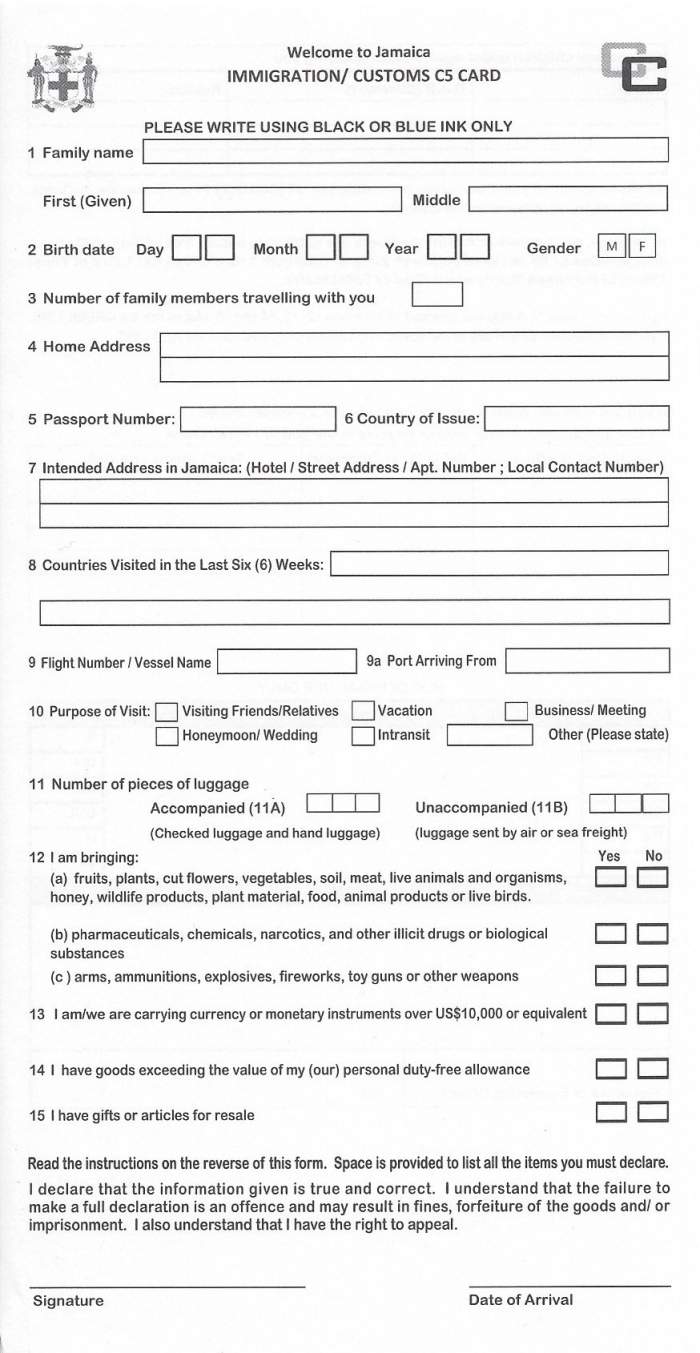 Filling Out The Jamaica Immigration Custom Form